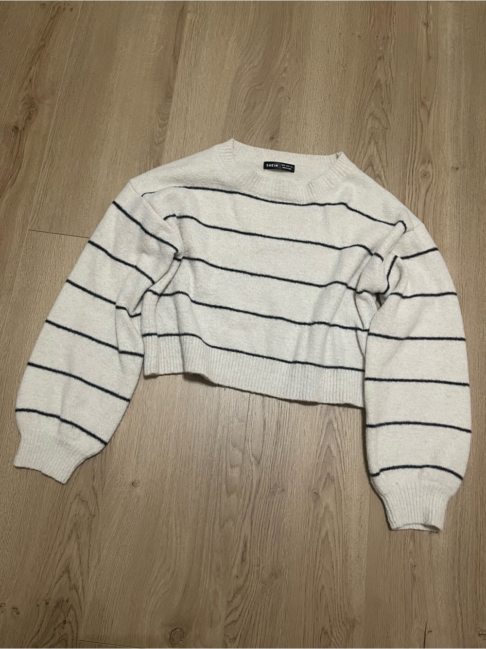 Striped Cropped Crewneck Sweater - White with Black Stripes (M)